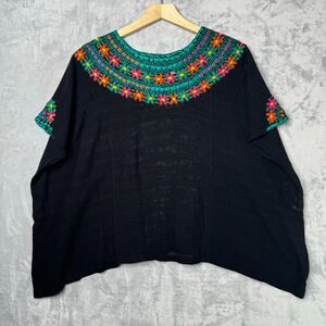 Santa Marguerite Top Womens One Size Black Knit Embroidered Floral Boho Folk